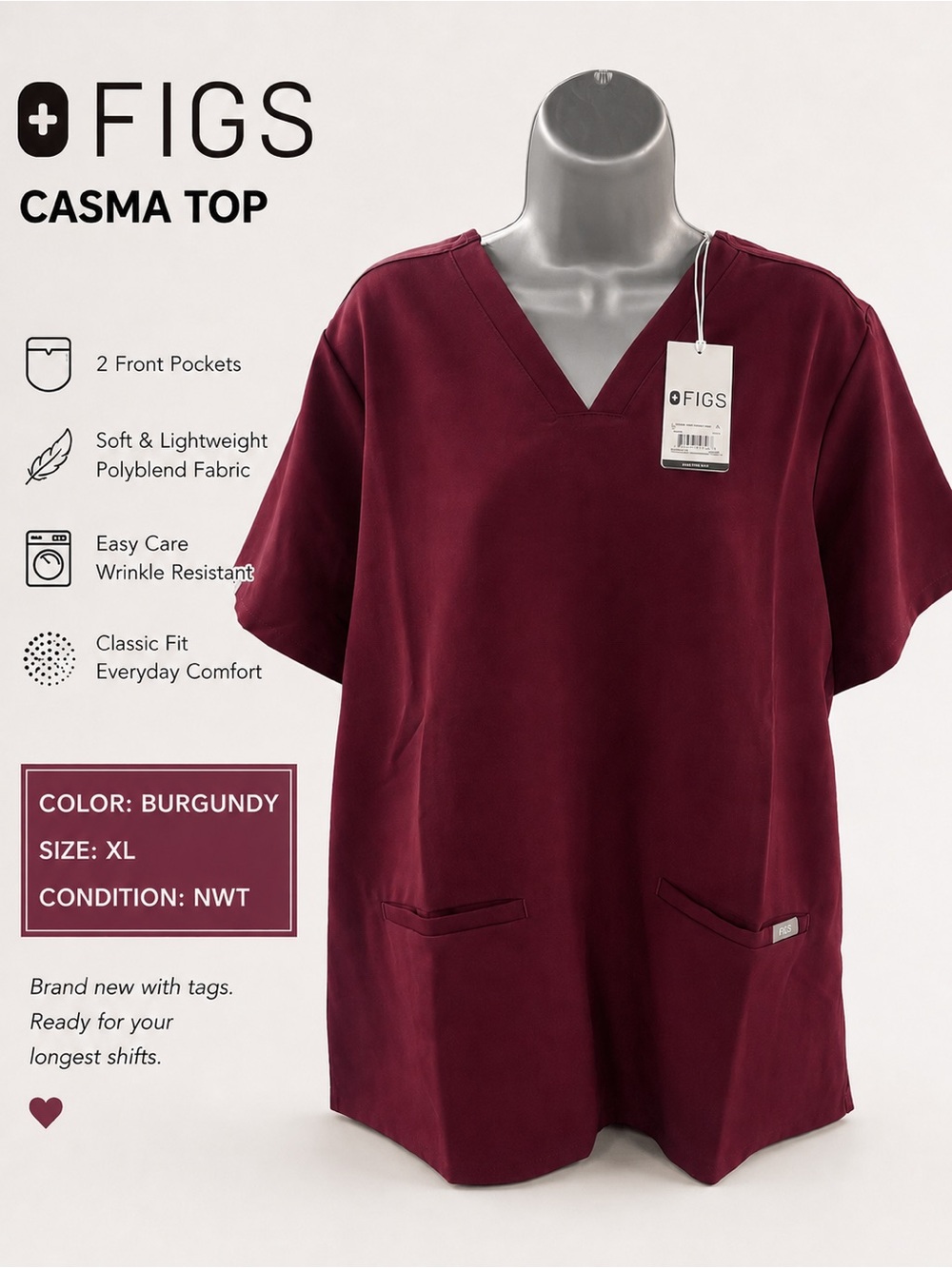 Figs Casma Top in Burgundy V-Neck Scrub